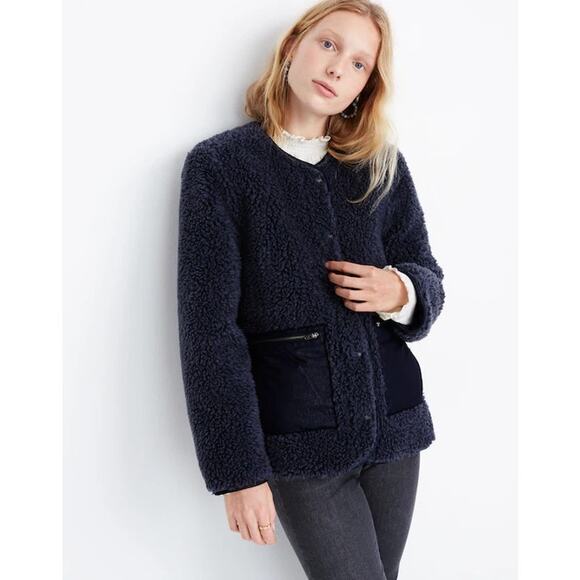 Madewell Sherpa Snap Jacket Size Medium Blue Cozy Warm Outerwear - Picture 2 of 9